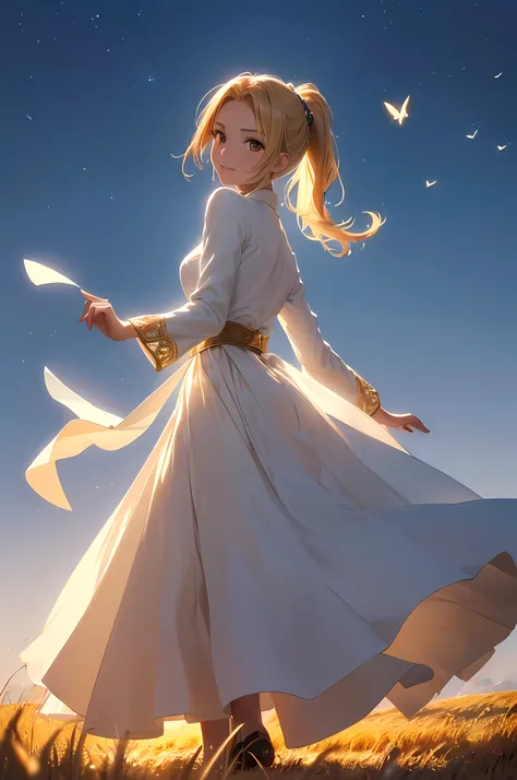 A beautiful woman, (((1 girl, solo, running, (wheat field), turning around, golden eyes, long pure white dress, middle ages, medieval outfit, long sleeves sunset, light from behind, shadow on the figure, smile, laughter, (blue sky), against the background ...