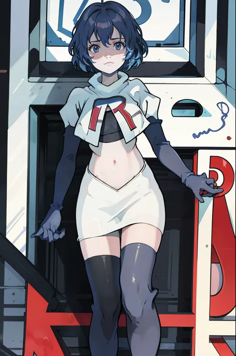 masterpiece, best quality, defBernie,team rocket,team rocket uniform, red letter R, white skirt,white crop top,black thigh-highs,black elbow gloves