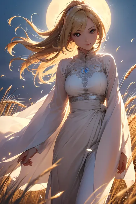 A beautiful woman, (((1 girl, solo, running, (wheat field), turning around, golden eyes, long pure white dress, middle ages, medieval outfit, long sleeves sunset, light from behind, shadow on the figure, smile, laughter, (blue sky), against the background ...