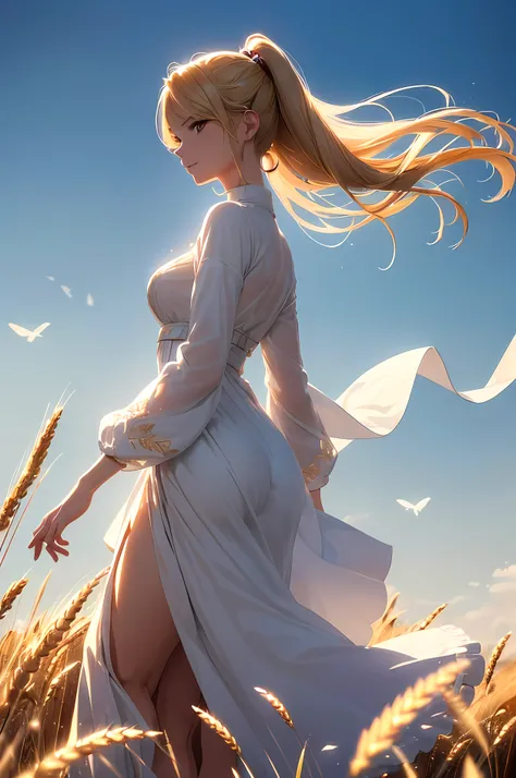 A beautiful woman, (((1 girl, solo, running, (wheat field), turning around, golden eyes, long pure white dress, middle ages, medieval outfit, long sleeves sunset, light from behind, shadow on the figure, smile, laughter, (blue sky), against the background ...