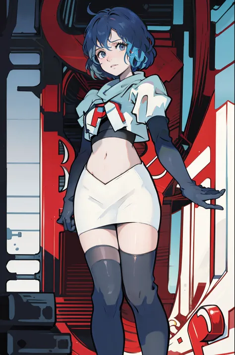 masterpiece, best quality, defBernie,team rocket,team rocket uniform, red letter R, white skirt,white crop top,black thigh-highs,black elbow gloves