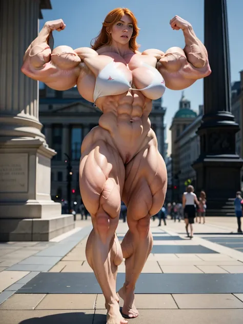 A HD 4K Photo of a huge, enormous, very big, buff, giant, ginger, female bodybuilder, muscle goddess, with long ginger hair, huge arms and huge legs, big boobs, flexing her enormous, giant muscles, big beautiful eyes, walking barefoot through Trafalgar Squ...