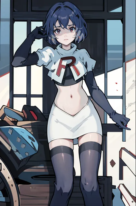 masterpiece, best quality, defBernie,team rocket,team rocket uniform, red letter R, white skirt,white crop top,black thigh-highs,black elbow gloves