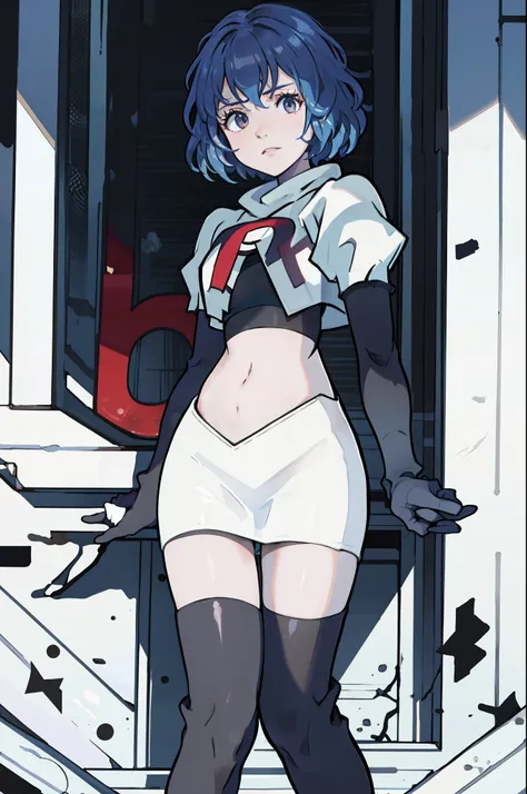 masterpiece, best quality, defBernie,team rocket,team rocket uniform, red letter R, white skirt,white crop top,black thigh-highs,black elbow gloves