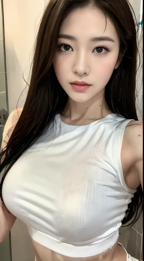 Beautiful handsome woman, ((top quality, 8k, masterpiece:1.3)), pretty woman, 1 woman, huge breasts:1.3, slender figure:1.1, elastic dark brown hair, (shower, wet body, wet clothes:1.1), very detailed face, detailed lips, detailed eyes, double eyelids