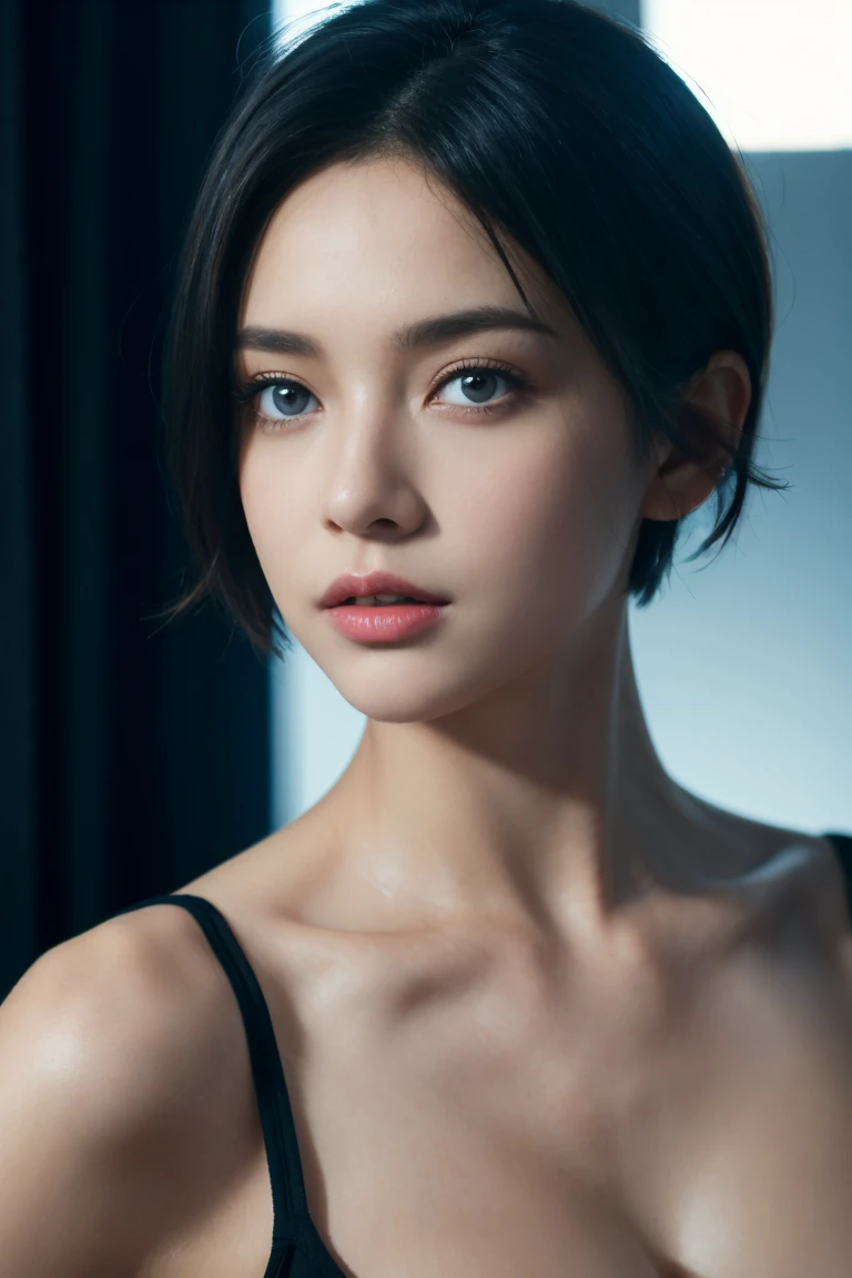 Short hair, Skin Tight Black Top:1.2, Looking at Viewer, Cinematic lighting, Perfect, softlight, High resolution skin:1.2, Realistic skin texture, Realistic face, off shoulders, Exposed cleavage, Blue eyes, Short hair,