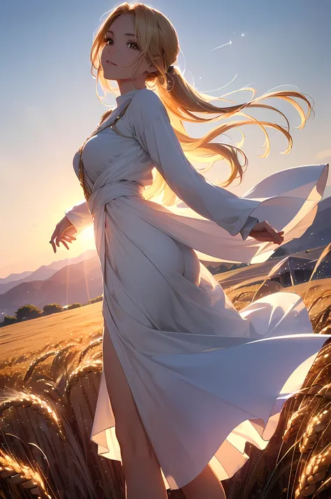 A beautiful woman, (((1 girl, solo, running, (wheat field), turning around, golden eyes, long pure white dress, middle ages, medieval outfit, long sleeves sunset, light from behind, shadow on the figure, smile, laughter, (blue sky), against the background ...