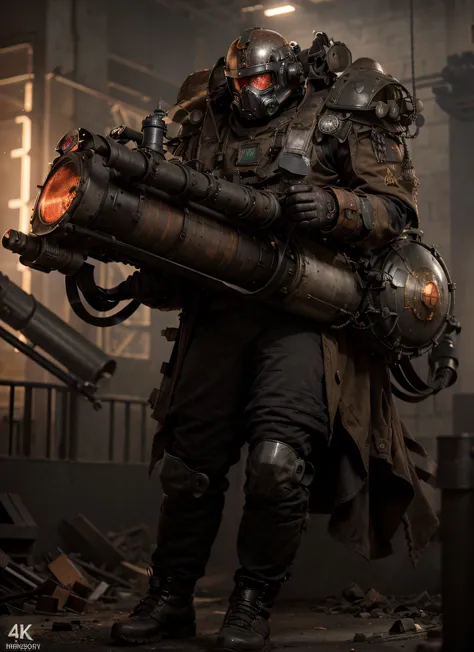 Soviet dieselpunk style heavy robot, Soviet symbols, matte dark red metal armor, helmet with gas mask, pipes and cables, carries a giant gun with a heat generator, Soviet style winter coat, military pants with metal plates, black military boots with metal ...