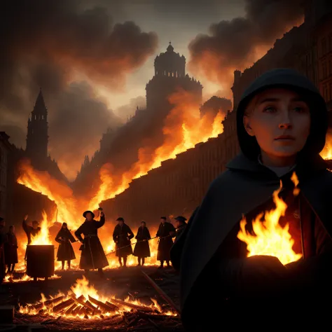 (best quality,4k,8k,highres,masterpiece:1.2),ultra-detailed,(realistic,photorealistic,photo-realistic:1.37),close-up of a person holding a candle in the street,burning city in the background,burning ancient city,Krumscoy 4K,Miss Aniela,burning village,Mist...