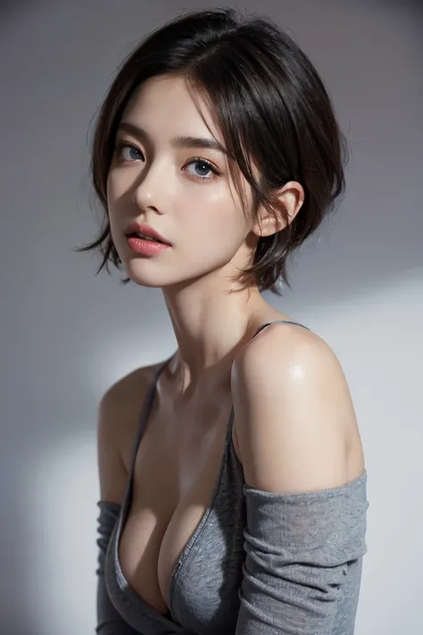 Short hair, Skin Tight Black Top:1.2, Looking at Viewer, Cinematic lighting, Perfect, softlight, High resolution skin:1.2, Realistic skin texture, Realistic face, off shoulders, Exposed cleavage, Blue eyes, Short hair,dark brown  hair、Bust B Cup、Small brea...