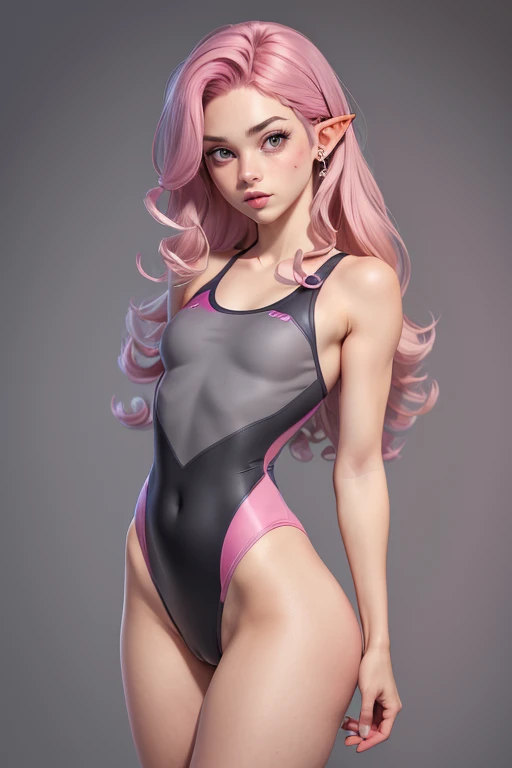 1girl, bare shoulders, (((( ((dark-grey)) swimming costume)))), ((( ((pink)) hair))), (((emerald color eyes))), cleavage, earrings, elf, flat,((((small chest)))), ((((flat chest)))), ((big ass)), ((((small breasts)))), ((((flat breasts)))), lips, lipstick,...