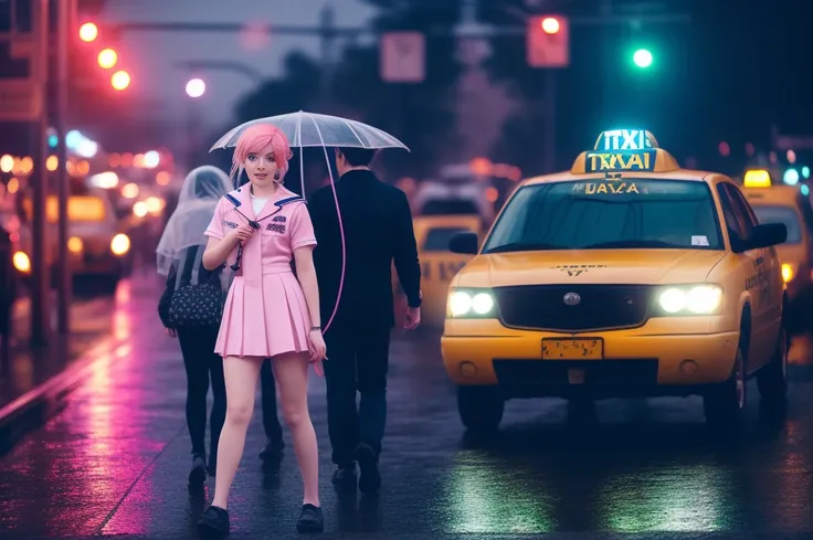 locomotive wearing sailor suit　Beautiful girl in sailor suit　Pink hair　Neon Street in the Rain　A passerby resembling an octopus　taxis