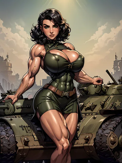 (masterpiece, top quality, best quality, official art, beautiful and aesthetic:1.2), (1girl:1.3), black hair victory curls, vintage 1940s American hairstyle, extremely detailed, portrait, looking at viewer, solo, (full body:0.6), detailed background, close...