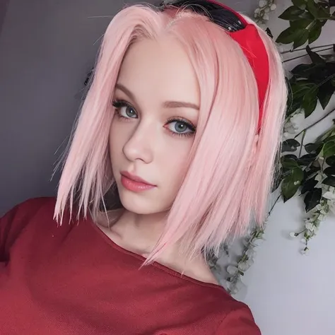 young woman, porcelain skin, short pale pink hair, pink eyebrows, jade green eyes, buttoned nose, thick peach lips, heart-shaped face, wide forehead, red clothes, Sakura Haruno, realism, 3d