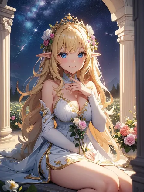 top-quality、Top image quality、​masterpiece、two friendly elves、Elven Beauty、smiling while holding a bouquet of roses((24 year old、Best Bust、big bast、Bust 90,Beautiful blue eyes、,Blonde long hair、A slender、a closeup、Esbian、beautiful tiara、hiquality、beautiful...