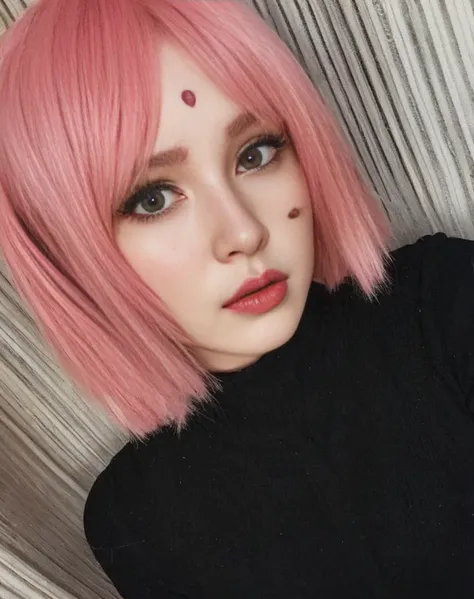 young woman, porcelain skin, short pale pink hair, pink eyebrows, jade green eyes, buttoned nose, thick peach lips, heart-shaped face, wide forehead, red clothes, Sakura Haruno, realism, 3d