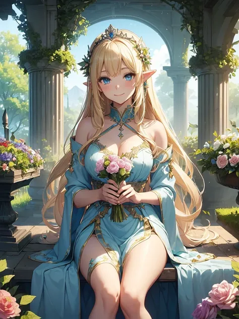 top-quality、Top image quality、​masterpiece、two friendly elves、Elven Beauty、smiling while holding a bouquet of roses((24 year old、Best Bust、big bast、Bust 90,Beautiful blue eyes、,Blonde long hair、A slender、a closeup、Esbian、beautiful tiara、hiquality、beautiful...