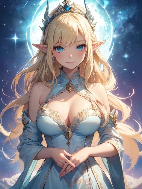 top-quality、Top image quality、​masterpiece、friendly white dragon and elf、Elven Beauty、smil((24 year old、Best Bust、big bast、Bust 90,Beautiful blue eyes、,Blonde long hair、A slender、a closeup、Esbian、beautiful tiara、hiquality、beautiful white giant dragon、Beaut...