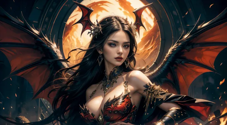 hyper hd，raised sexy，arrogant，a mature woman，dragon's horn，large breasts，black feathered wings，（medium portrait：1.8），with volcan...