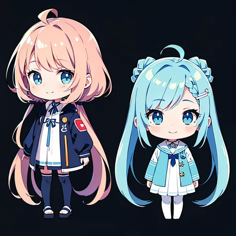 超A high resolution, Best aesthetic, Top quality depiction of the foot, Put on a jacket,  Light blue long hair、Twin-tailed、 Flat Avatar,  Anime visuals of cute girls, Cute art style, Chibi,  Shorthair, Ahoge, is shy, adorable smiling, hair adornments,drawin...