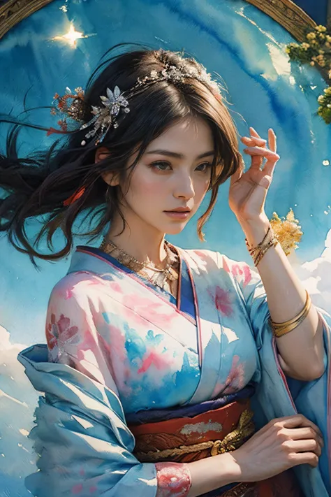 (masutepiece, of the highest quality, Best Quality, Official art, (Beautiful and aesthetic:1.4), (watercolor paiting:1.4) ),  (izanami1.5), Goddess of Japan mythology, Dignified beauty, a goddess of creation、Goddess of Life、Komono、((((Komono))))、Support fo...