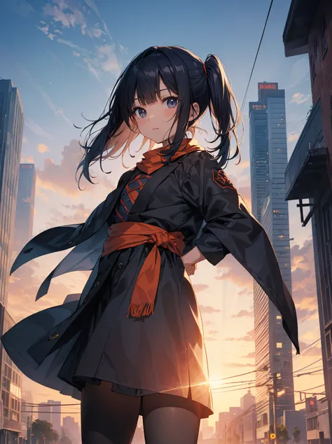 Ninjas are... cool and... fast.！God quality,  anime moe artstyle,best anime 8k konachan wallpaper,badass anime 8k,perfect anatomy, (Please draw a picture of a ninja girl looking down on the city from the rooftop.)from diagonally above,dutch angle,break, 1g...