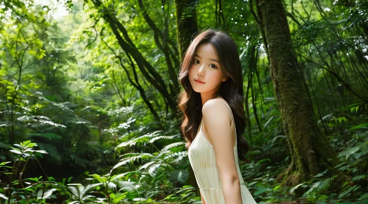 In the midst of a lush forest, a seductive girl leans against a towering tree, her alluring gaze beckoning you to explore the hidden wonders of the wilderness.