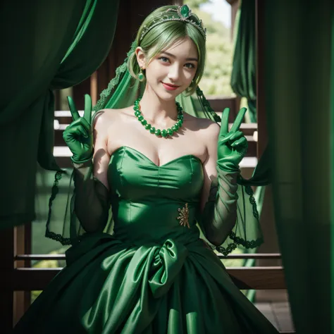 emerald tiara, Green Pearl Necklace, Boyish very short green hair, lipsticks, Japan woman smiling, very short short hair, big breasts beautiful, Green eyes, Long green gloves made of satin material, Green eyes, Emerald Earrings, green vale, v sign