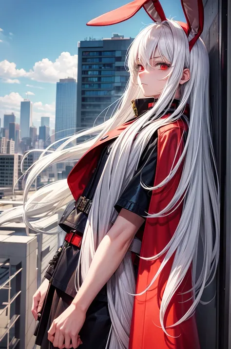 white hair, straight hair, boy age 18, on top of the building, cartoon, red eye, streaked hair, rabbit ears, serious, conceptual...