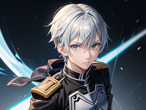 He has gray hair, blue eyes, height 181 cm, weight 55 kg, wears a black uniform. anime character with a clothes from Sword Art Online, inspired from Sword Art Online, official fanart, made with anime painter studio, official art, made in A-1 Pictures Studi...