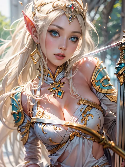 ((emperor of elves&#39;Knights、beautiful woman wielding a sword))8K、An ultra-high picture quality、Ultra-realistic details、3d rendered、sharp gaze、Beautiful behavior、Toned body、large full breasts、Clothes with wide open chests、Shining sword、Detailed body、A de...