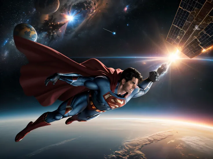 ultra realistic photo inspired by universo cinematográfico DC with Superman in space, destruindo um meteoro, on a collision course with Earth, o Sol e outros planetas e a ISS ao fundo, e o nome Thiago, escrito com fogo, in space 8k