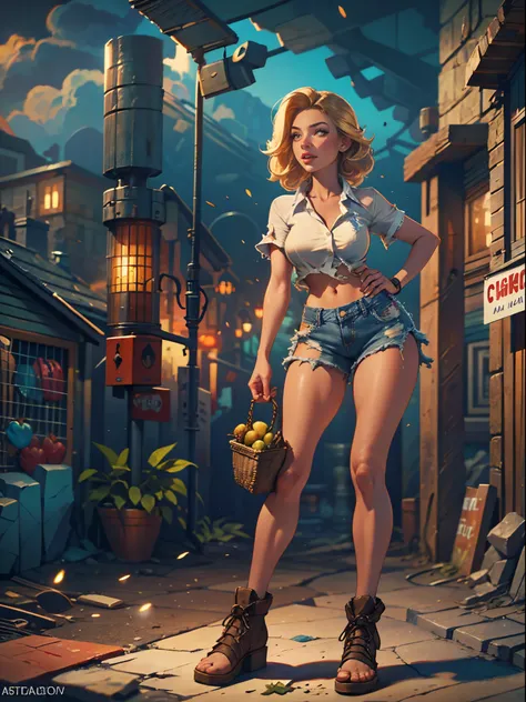 2076 year. The Urban Ruins of the Wasteland, Female huntress picking fruit in the garden, beautiful face, blonde, very torn shirt and denim shorts, shirt in tatters ,  long legs, sweating through, sun rising, Nice warm colors, head to toe full body shot