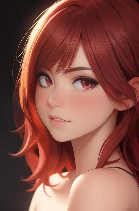 1girll, star eye, blush, lighting perfect, red hair, red eyes, illusory engine, side-lighting, detailed face, bangs, bright skin...