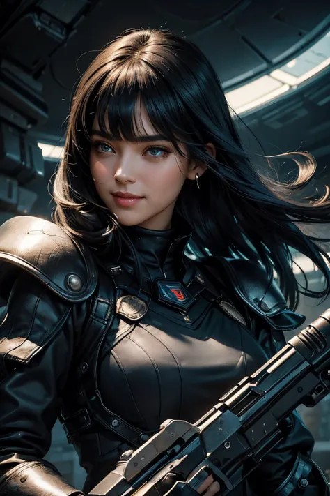 Upper body close-up image. Beautiful woman holding a large futuristic gun. Black hair. black eyes. Her bangs are down. Mid twenties. He has a cruel smile on his face. She wears a black metallic battle uniform. A masterpiece.