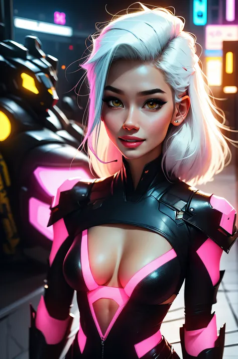 Pretty, Woman, Sexy face, Yellow eyes, White hair, Slim body, sexy smile, Sexy Pose (breast), Pink tights, mechs, Neon sign, Led Night City, Seen from above, High quality, Realistic, Beautiful light, full detail, Black background