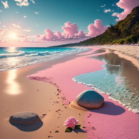 Beautiful scenes，depth of fields，8K，No clouds，blue-sky，The sun shines on the pink sand beach。There are roses on the beach，Goose warming stone