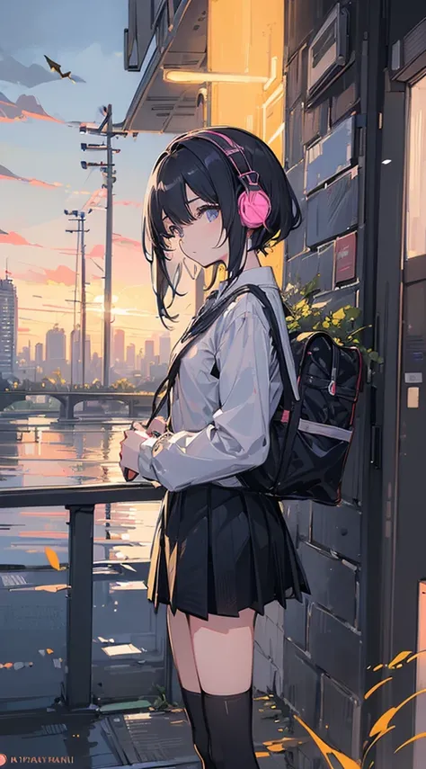 (Top quality illustrations:1.5)、(ultra-detailliert) 、(The background is the cityscape)、(Cute little girl s:1.0)、(女の子1人:1.0)、(Short black hair:1.0)、(School Uniforms:1.0)、(Waist to upper body:1.0)、17 age、Wearing headphones、D-cups、