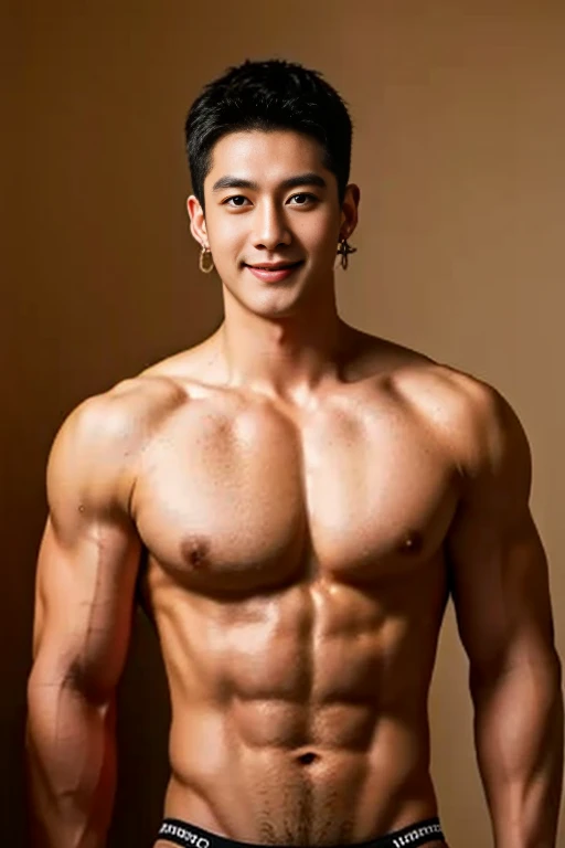 man, big chest muscles, showing abs, black hair, smile, light, (masterpiece, top quality, best quality, official art, beautiful and aesthetic:1.2), (2man:1.3), extremely detailed, (fractal art:1.1),highest detailed, (dynamic pose),  ,(earrings:1.4), 2boys,...