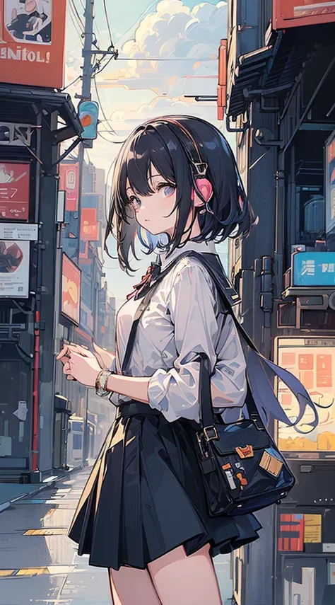 (Top quality illustrations:1.5)、(ultra-detailliert) 、(The background is the cityscape)、(Cute little girl s:1.0)、(女の子1人:1.0)、(Short black hair:1.0)、(School Uniforms:1.0)、(Waist to upper body:1.0)、17 age、Wearing headphones、D-cups、