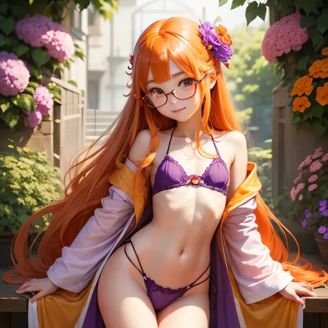 Orange long hair、hime-cut、Golden Eyes、eye glasses、ssmile、early teenage girls、flat chest、Thin pubic hair、Beautiful open legs、Red bathrobe、Purple flower garden