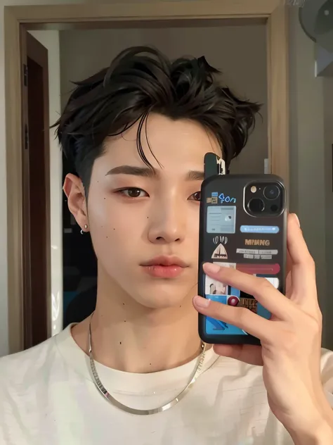 arafed man taking a selfie in a mirror with a cell phone,  inspired by Jungkook, wan adorable korean face, male ulzzang,  8k selfie photograph, south korean male, with neck tattoos, headshot profile picture, black t-shirt, serious face