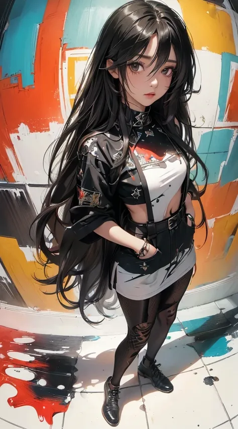 ((8k wallpaper of extremely detailed CG unit, ​masterpiece, hight resolution, top-quality, masutepiece)), ((a very beautiful woman, Hands in pockets:1.8, Grunge Fashion:1.3, Wearing tights)), ((extra detailed face, Highly detailed black eyes, Contrasting e...