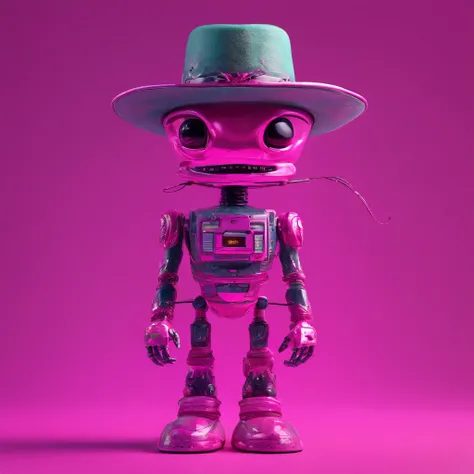 a pink robot with a cowboy hat  holding a concave marshmallow in a concave dark iridicent background