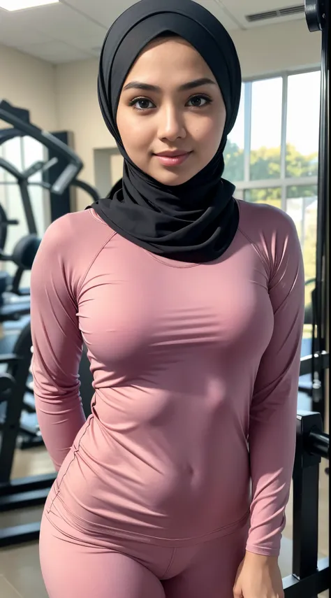 RAW, Best quality, high resolution, Masterpiece: 1.3), Beautiful Malay woman in hijab,Masterpiece, best quality,8k, perfect eyes,medium breasts, Soft smile, wear loose long sleeve shirt and legging, in gym room, Excellent lighting, Bright colors, Clean lin...