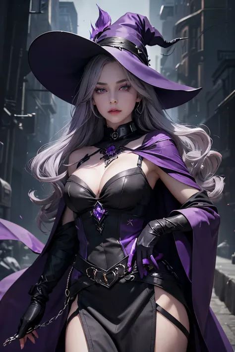 Female sorceress,grey hair,long hair,black and dark violet hat,purple eye,dark violet collar,black shoulder cloak,black and dark violet and purple dress,black and dark violet and purple gloves