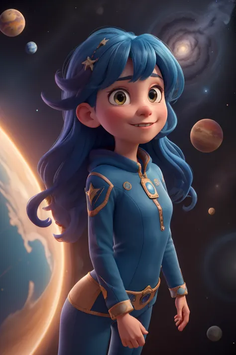 best quality, detailed, 4k, raw photo, masterpiece, detailed face,, stars, planets, galaxy, space,, a photo of anycemar flying in space, blue hair, bangs, long hair, looking at viewer,