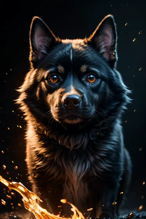 (a cute dog), Hyperdetailed Eyes, Tee-Shirt Design, Line Art, Black Background, Ultra Detailed Artistic, Detailed Gorgeous Face, Natural Skin, Water Splash, Colour Splash Art, Fire and Ice, Splatter, Black Ink, Liquid Melting, Dreamy, Glowing, Glamour, Gli...