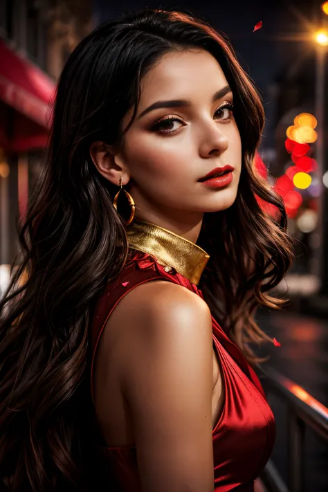 Maria Padilha do Cabaret, 28 years old, is a captivating presence. Her long wavy black hair, intense eyes, and confident posture highlight her uniqueness. Dressed in a red outfit with golden details, a rose in her ear, and golden hoop earrings, she exudes ...