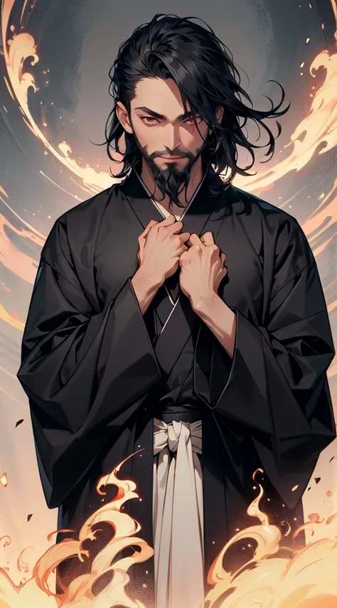 30 year old man, black hair, red eyes, high quality, haunted mansion background, kimono, beard,